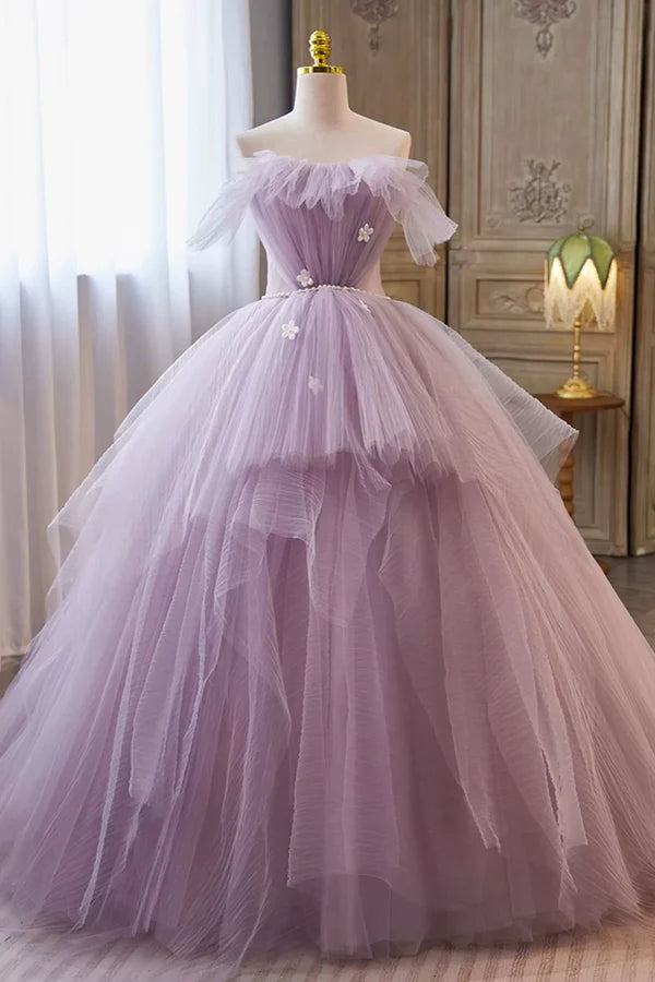 Wholesale Lilac Strapless Tulle Long Prom Dresses with Pearls Belt Lilac Off the Shoulder Formal Evening Dresses